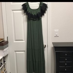 Off the shoulder maxi dress with black lace trim